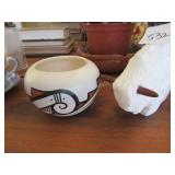 Small Navaho pot, carved marble buffalo (6" +/-)