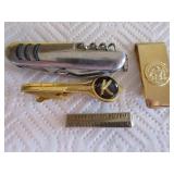 Pocket knie, 2 tie clips, brass money clip