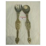 Pair ornate brass handled salad serving fork and