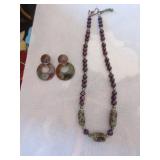 Purple and green pearl and glass bead necklace, Purple and green pearl and glass bead necklace,