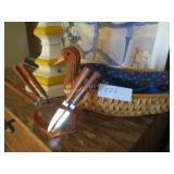 Hors deuvre knives, basket, plates, wooden bowl,