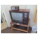 GE clock radio, TV, TV stand