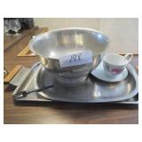 Pewter bowl, trays, olice pick, teacup
