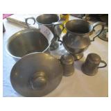 Pewter creamer, sugar, salt & pepper, covered