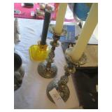 Pair MIddle Eastern brass and enamel candlesticks