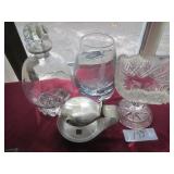 Decanter, etched glass vase, cut crystal pedestal