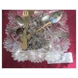 Olive picks, souvenir spoons, crystal bowl