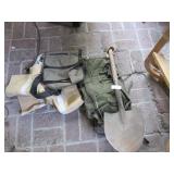 Canvas backpack, shovel, totes