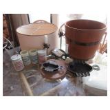 Metal ashtrays, firkin style planter, marmalade