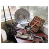 Heat lamp, Toyota tool kit, sewer rod, etc
