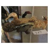 Tule duck, ceramic frog and sheep, wooden bird,