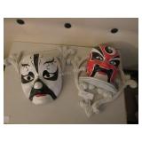 2 Japanese masks, pair wooden shelves