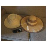 2 straw hats, sunglasses