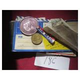 Vintage parcel Post labels, coins, leather coin