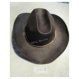 Black straw cowboy hat with leather chin strap