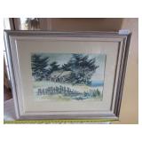 R. Inman watercolor cabin by evergreens