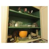 Contents cupboard & cart: enamel bowl, silverplate