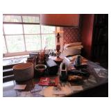 Table lamp, letter box, office supplies top of