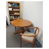 Wooden pedestal dining table, 2 arm chairs,