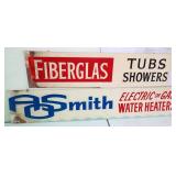 2 Wooden Advertising Signs: AOSmith & Fiberglas;
