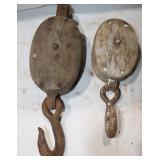 2 Vintage Wooden Pulleys w/ Hooks