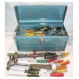 Metal Tool Box w/ Tools: Hammers, Screwdrivers,