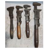4 Vintage Wooden Handle Monkey Wrenches;