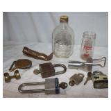 4 oz. Ball Jar, 6' Quaker Bottle & Vintage Locks