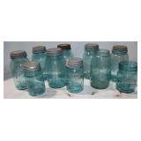 10 Vintage Blue Canning Jars: 7 Qt. & 3 Pints;