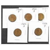 1920, 1926, 1930, 1935, 1937 Wheat Pennies