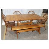 Wooden Kitchen Table w/ 2 Leaves, 4 Chairs, Bench: