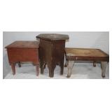 Antiq. End Table & Stools: Table 13.5'x15.5'x18',