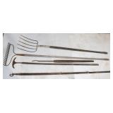 5 Vintage Yard Tools: Pitchfork, Metal Rake &