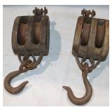 2 Vintage Wooden Pulleys w/ Hooks