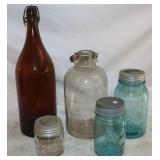 5 Vintage Jars: 1/2 Gallon Jug, 1 Pint Blue Ball &