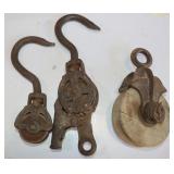 3 Vintage Pulleys: Metal w/ Wood 6" Pulley &