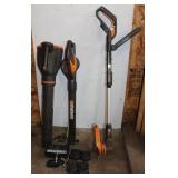 2 WORX Leaf Blowers, 1 string trimmer, 2 chargers,