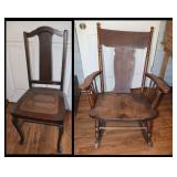 Wooden Rocking Chair & Whicker Chair;