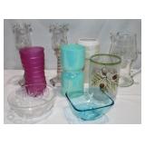 Etched Candlesticks, Vases, Pitcher, And Bowls