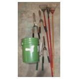 Hedge Shears, Loppers, Rakes, & Plastic Bucket