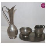 Pewter Pitcher, Sugar and Creamer, & Tray: