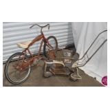 Vintage Garden Art:  Bicycle & Metal Stroller