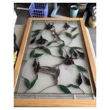 Wood Framed Humming Bird Stained Glass Window