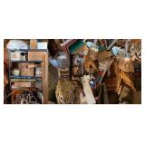 Metal Shelf w/ Contents, Ropes, Antlers, Misc