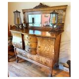 Vintage Empire-Style Tiger Oak Buffet w/ Casters