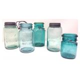 (5) Vintage Blue/ Green Tint Mason Jars