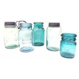 (5) Vintage Blue/ Green Tint Mason Jars
