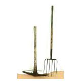 Wood Handled & Metal Headed Pitchfork & Pick Axe