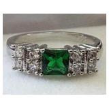 Emerald & White Topaz Silver Ring Size 8