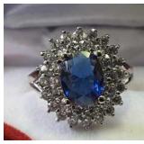 Sapphire & White Topaz Silver Ring Size 7.5